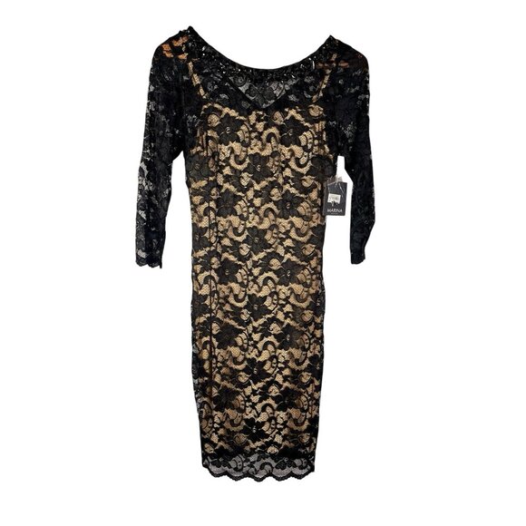 MARINA Dresses & Skirts - MARINA Women's Black Nude Lace 3/4 Sleeve Beaded Neck Bodycon Cocktail Dress NWT